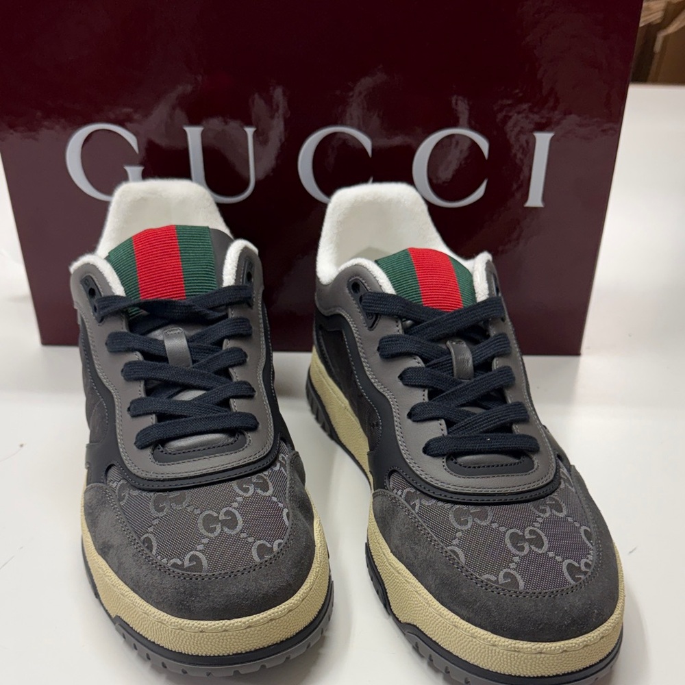 Gucci mens Gray and Black Sneakers with Red and Green Accents
